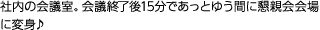 社内の会議室。会議終了後15分であっとゆう間に懇親会会場に変身♪